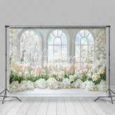 Aperturee - Aperturee White Window Trees Pink Floral Spring Photo Backdrop